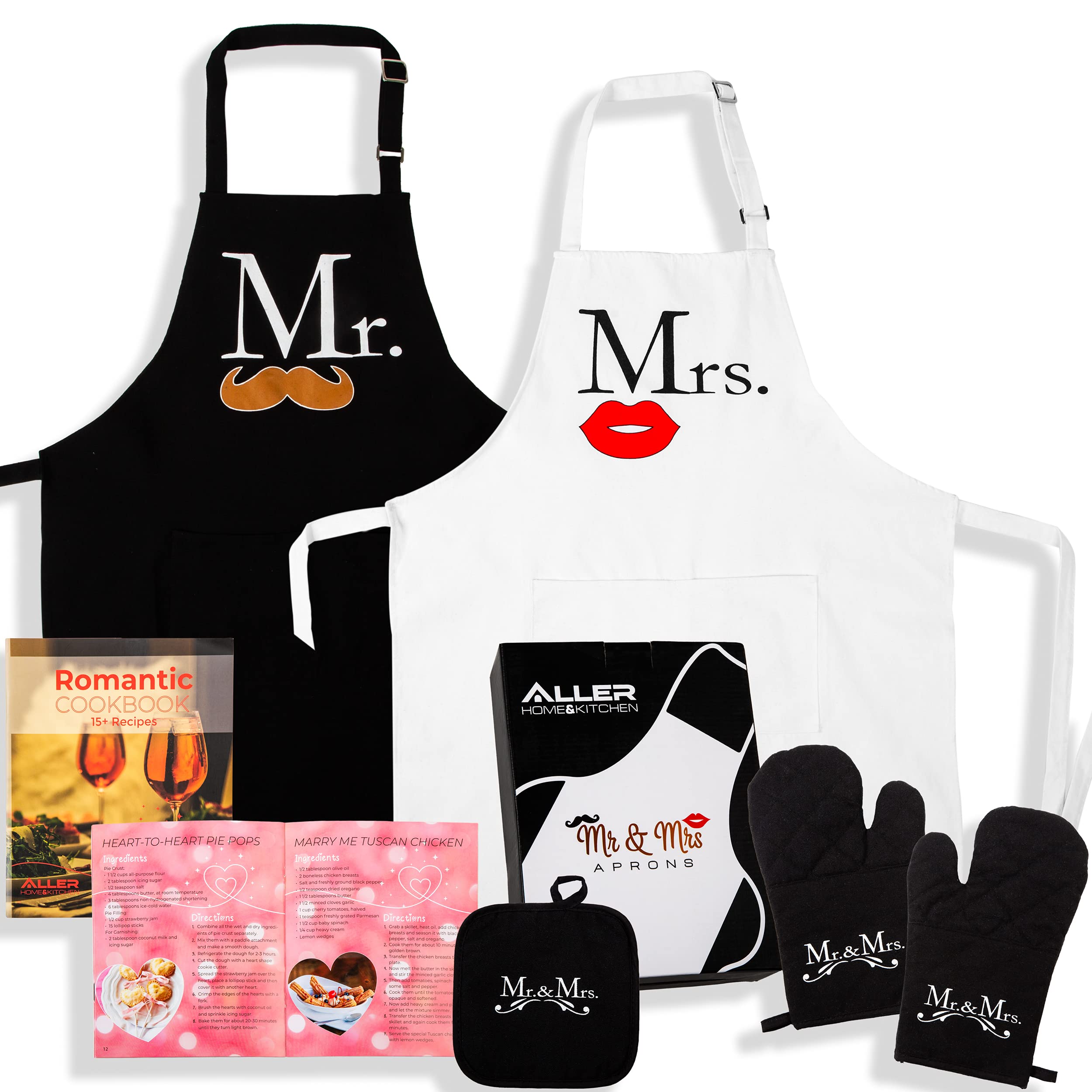 Mr and Mrs Aprons Kitchen Bundle - Includes Adjustable His and Her Aprons, Date night Cookbook, 2 Oven Mitts & 1 Pot Holder - Perfect Newlywed Gift for Bridal Shower, Housewarming & Weddings…