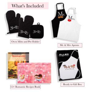 Mr and Mrs Aprons Kitchen Bundle - Includes Adjustable His and Her Aprons, Date night Cookbook, 2 Oven Mitts & 1 Pot Holder - Perfect Newlywed Gift for Bridal Shower, Housewarming & Weddings…