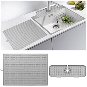 large silicone dish drying mat with faucet mat - 20" x 16" - dish drying mat, dish drainer mat for kitchen counter, heat resistant hot pot pad, non-slip sink mat, bpa free, dish washer safe(grey)