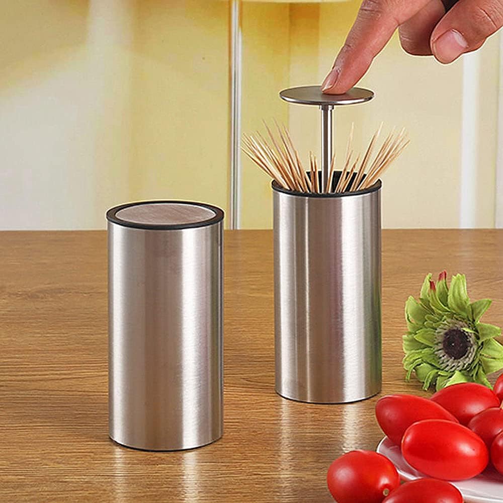 Kemaily Toothpick Holder, Automatic Stainless Steel Toothpick Holder Dispenser Click Open, Modern Toothpick Storage Box for Bamboo Toothpick