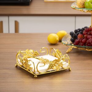 Flat Napkin Holder for Table Gold With Weight Arm for Kitchen Courtertops Dinning Table Grape Leaf Modern Tissue Dispenser Stainless Steel Gilding (7" L X 7" W X 2.5" H)