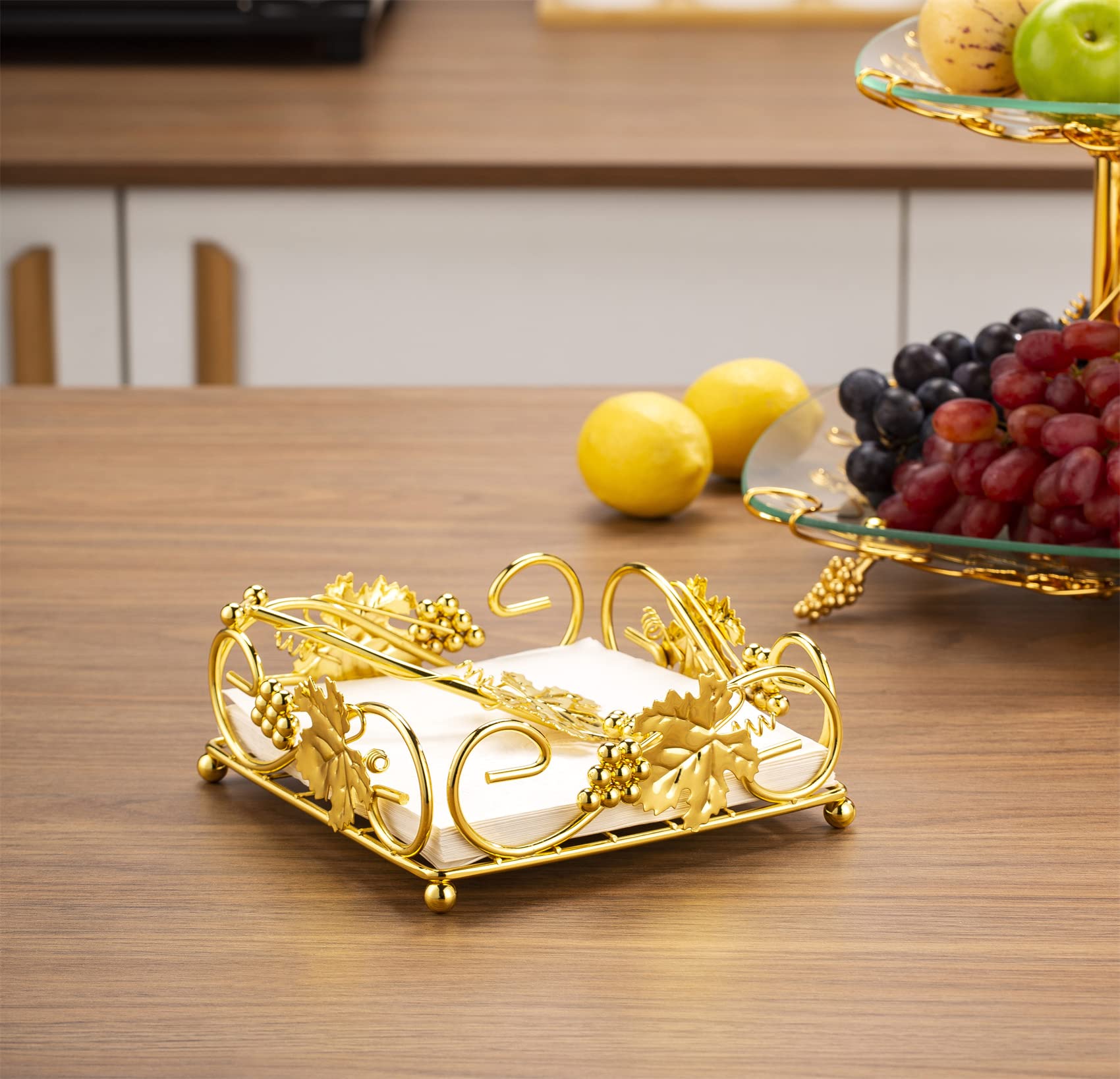 Flat Napkin Holder for Table Gold With Weight Arm for Kitchen Courtertops Dinning Table Grape Leaf Modern Tissue Dispenser Stainless Steel Gilding (7" L X 7" W X 2.5" H)