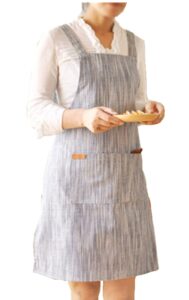 bbybbs linen pinafore apron japan style mediumweight japanese apron cross apron no tie apron double front large size pockets halter cross bandage aprons (blue)