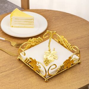 Flat Napkin Holder for Table Gold With Weight Arm for Kitchen Courtertops Dinning Table Grape Leaf Modern Tissue Dispenser Stainless Steel Gilding (7" L X 7" W X 2.5" H)