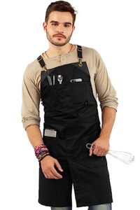 under ny sky cross-back deep black apron - durable twill with leather reinforcement and split-leg - adjustable for men and women - pro chef, tattoo, baker, barista, bartender, stylist, server aprons