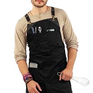 Under NY Sky Cross-Back Deep Black Apron - Durable Twill with Leather Reinforcement and Split-Leg - Adjustable for Men and Women - Pro Chef, Tattoo, Baker, Barista, Bartender, Stylist, Server Aprons