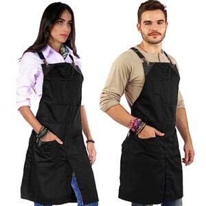 Under NY Sky Cross-Back Deep Black Apron - Durable Twill with Leather Reinforcement and Split-Leg - Adjustable for Men and Women - Pro Chef, Tattoo, Baker, Barista, Bartender, Stylist, Server Aprons