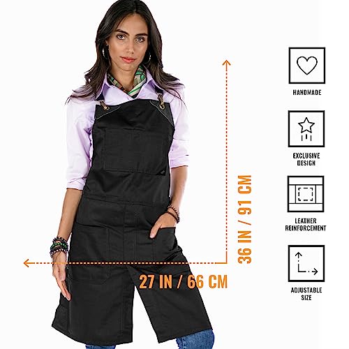 Under NY Sky Cross-Back Deep Black Apron - Durable Twill with Leather Reinforcement and Split-Leg - Adjustable for Men and Women - Pro Chef, Tattoo, Baker, Barista, Bartender, Stylist, Server Aprons