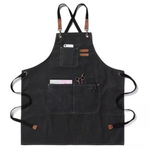 cotton canvas apron for artists painting,chef apron with cross back straps for men women, kitchen cooking (black)