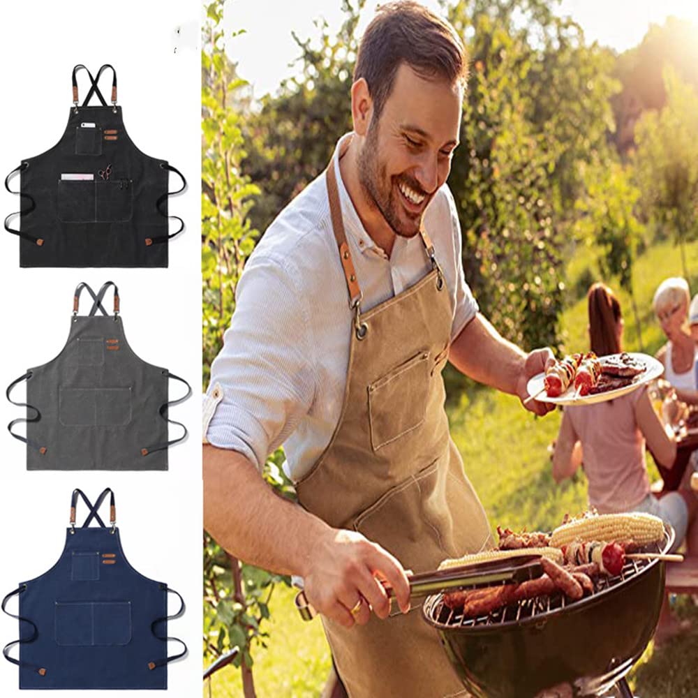 Cotton Canvas Apron for Artists Painting,Chef Apron with Cross Back Straps for Men Women, Kitchen Cooking (Black)