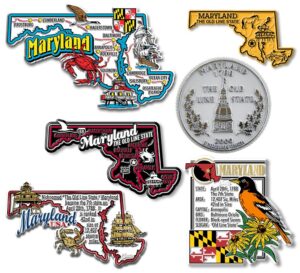 maryland six-piece state magnet set by classic magnets, includes 6 unique designs, collectible souvenirs made in the usa