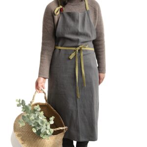 hanee kitchen apron for women, men (dark gray) linen cooking aprons with pocket