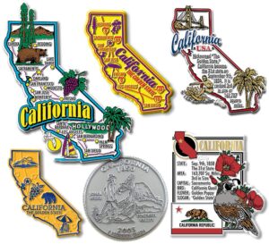 california six-piece state magnet set by classic magnets, includes 6 unique designs, collectible souvenirs made in the usa