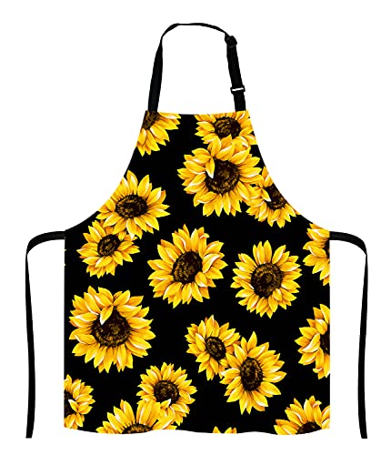 Lefolen Sunflowers Black Tropical Flower Daisy Adjustable Bib Apron, Cute Floral Sunflower Cooking Kitchen Apron for Men Women