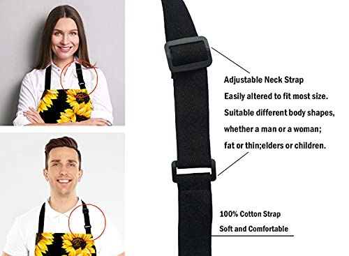 Lefolen Sunflowers Black Tropical Flower Daisy Adjustable Bib Apron, Cute Floral Sunflower Cooking Kitchen Apron for Men Women