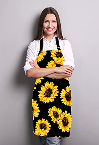 Lefolen Sunflowers Black Tropical Flower Daisy Adjustable Bib Apron, Cute Floral Sunflower Cooking Kitchen Apron for Men Women