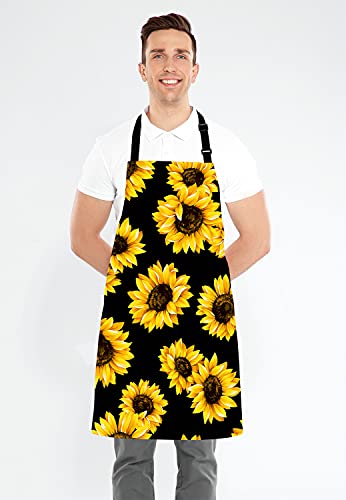 Lefolen Sunflowers Black Tropical Flower Daisy Adjustable Bib Apron, Cute Floral Sunflower Cooking Kitchen Apron for Men Women