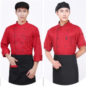 XINFU Unisex Chef Coat Short Sleeve Thin & Comfortable Kitchen Chef Uniform for Men Women, Red A, US:L(Label:3XL)