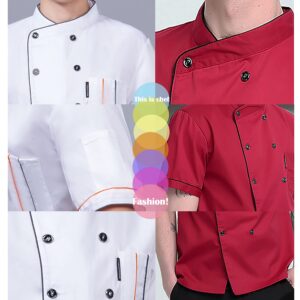 XINFU Unisex Chef Coat Short Sleeve Thin & Comfortable Kitchen Chef Uniform for Men Women, Red A, US:L(Label:3XL)