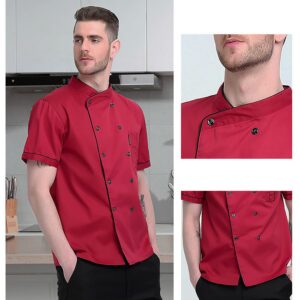 XINFU Unisex Chef Coat Short Sleeve Thin & Comfortable Kitchen Chef Uniform for Men Women, Red A, US:L(Label:3XL)