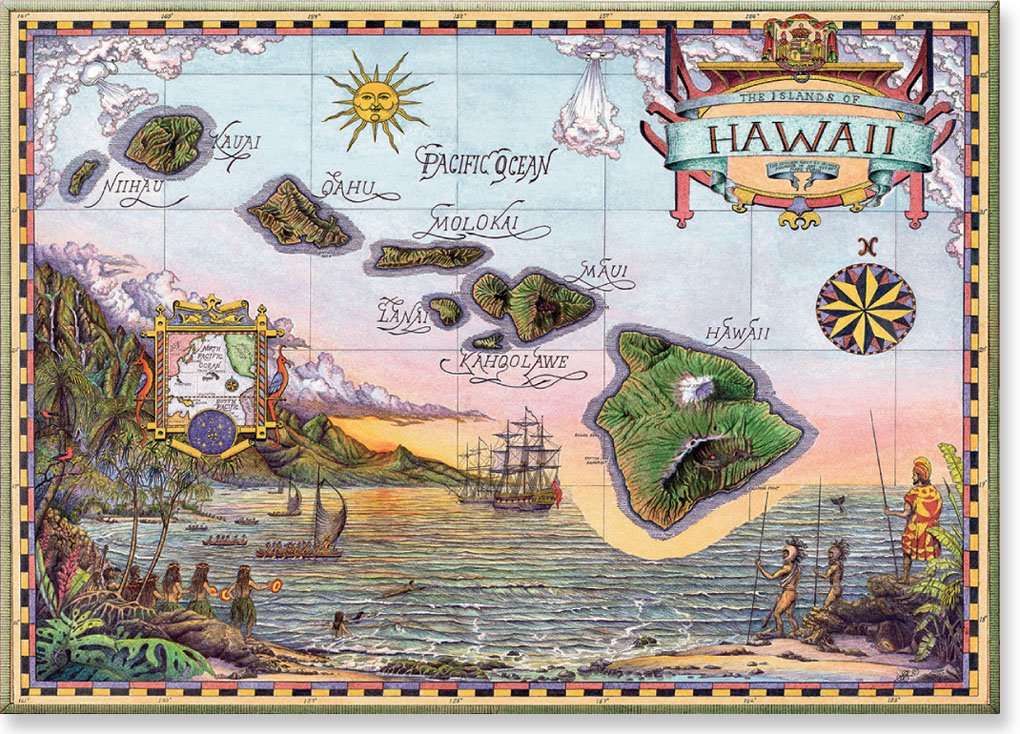 Hawaiian Art Collectible Refrigerator Magnet - Map of Old Hawaii