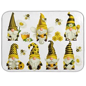 yellow gnomes bee absorbent dish drying mat reversible 16"x18",summer honey sweet drying pad protector for kitchen counter sinks dining table