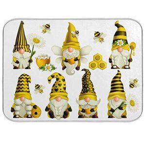 Yellow Gnomes Bee Absorbent Dish Drying Mat Reversible 16"x18",Summer Honey Sweet Drying Pad Protector for Kitchen Counter Sinks Dining Table