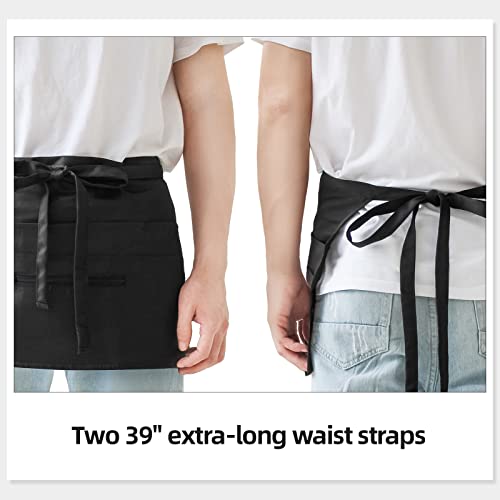 NLUS Server Aprons with 8 Pockets, Water Oil Stain Resistant Waitress Waiter Waist Aprons Poly/Cotton Bistro Apron for Women Men, 24 X 12 inch - 2 Pack