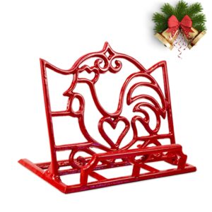 minluful recipe book holder, sturdy cast iron metal cookbook stand for kitchen counter, vintage farmhouse rooster decoration recipe holder cook book stand, red