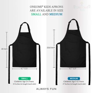 ONEOMI Kids Apron, Small, 100% Cotton With An Adjustable Strap to fit All Ages, Ideal for Cooking, Baking, Painting, Decorating, Party, Chef, Art and Classroom Children Apron (1, Black)