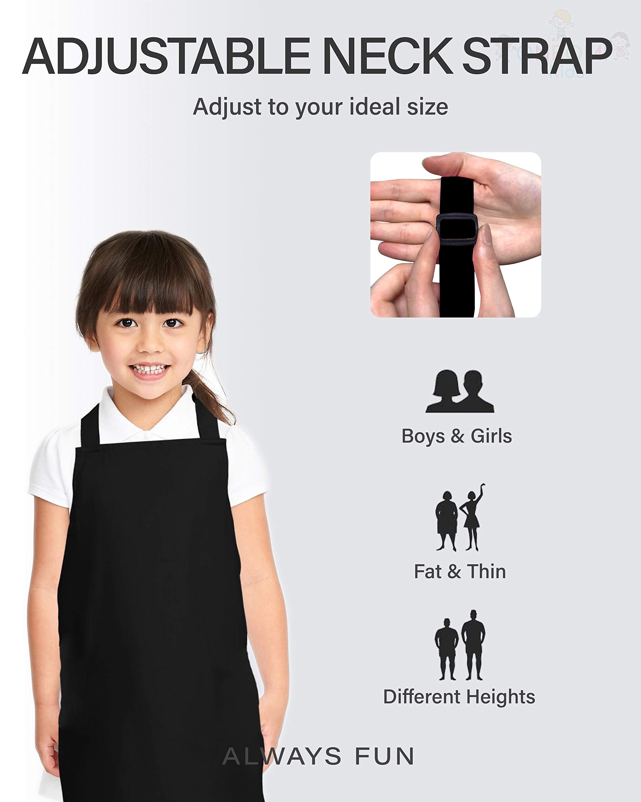 ONEOMI Kids Apron, Small, 100% Cotton With An Adjustable Strap to fit All Ages, Ideal for Cooking, Baking, Painting, Decorating, Party, Chef, Art and Classroom Children Apron (1, Black)