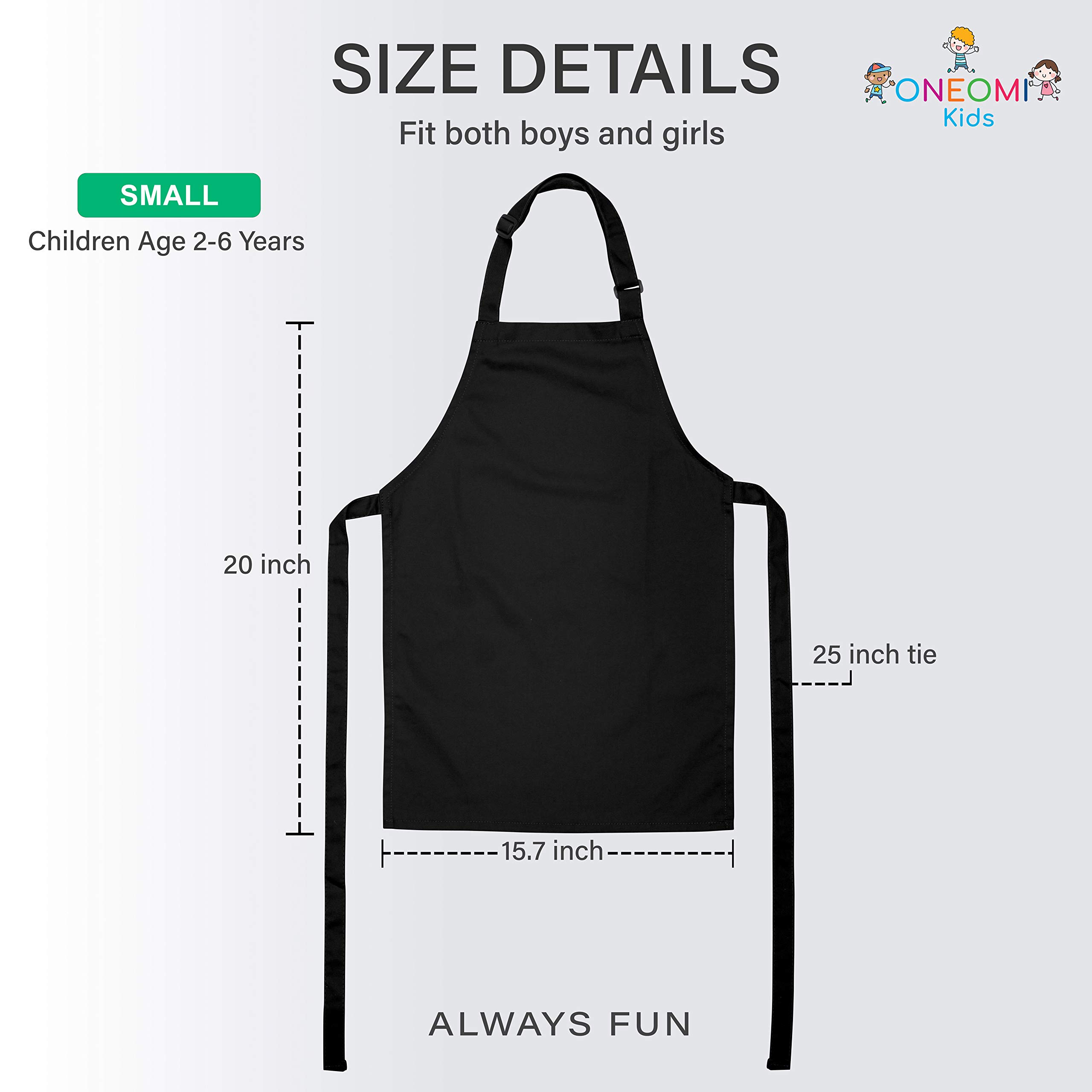 ONEOMI Kids Apron, Small, 100% Cotton With An Adjustable Strap to fit All Ages, Ideal for Cooking, Baking, Painting, Decorating, Party, Chef, Art and Classroom Children Apron (1, Black)