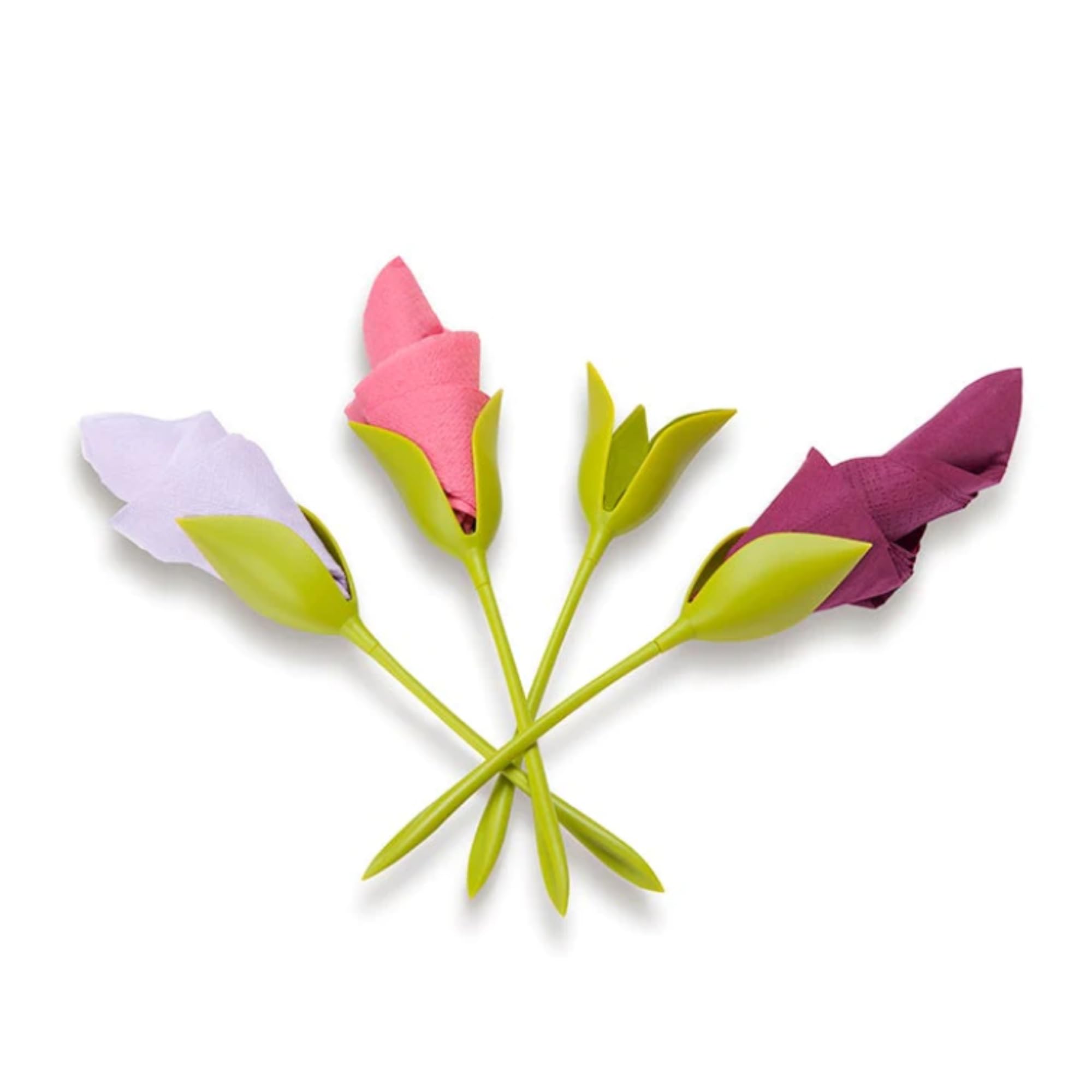 Peleg Design Bloom Napkin Holders for Tables, Set of 4 Green Stemmed Plastic Twist Flower Buds Serviette Holders Plus White Napkins for Making Original Table Arrangements