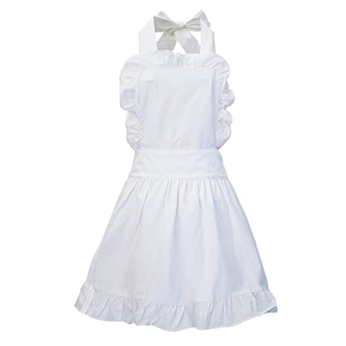 Fashion Vintage Apron Ruffle Retro Apron Cooking Kitchen Lovely Apron with Pockets for Women Girls (White), One Size