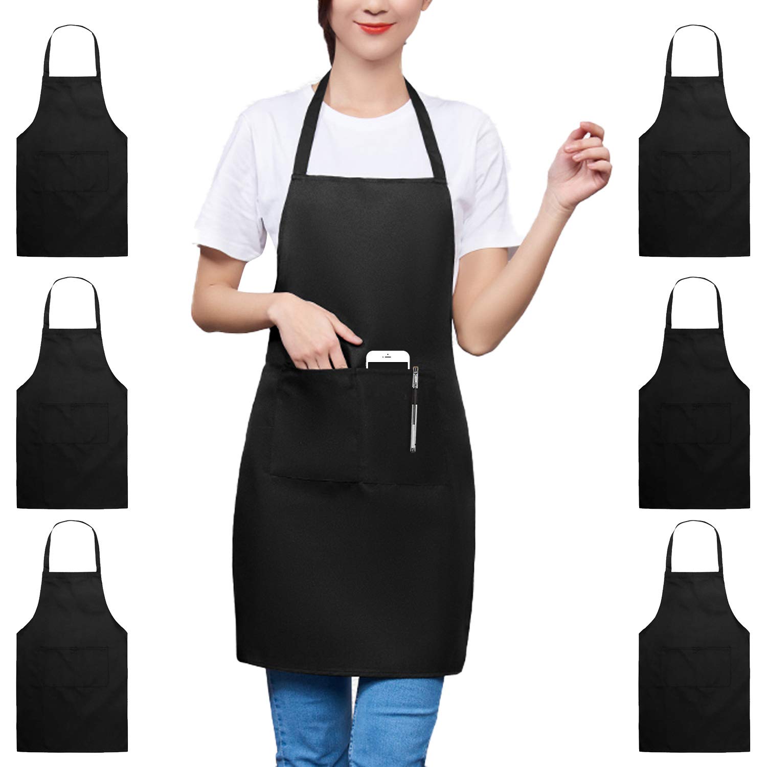 TRENDBOX 6 Pack Aprons for Women Men (Full Adult Size) Black Kitchen Aprons with 2 Pockets Durable Personalized Apron for BBQ Kitchen Cooking Baking Crafting Restaurant