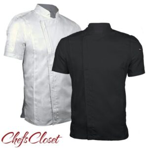 ChefsCloset Short Sleeve William Chef Coat, Modern Zipper Chef Jacket (M, Black)