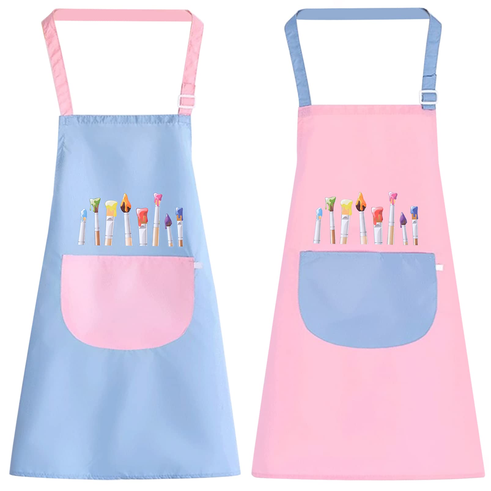 JJYHEHOT 2 Pack Children's Apron, Pink and Blue Cute Kids Apron, Adjustable Waterproof Apron with Big Pocket, Girls Boys Bib Aprons for Painting Crafting Cooking Baking