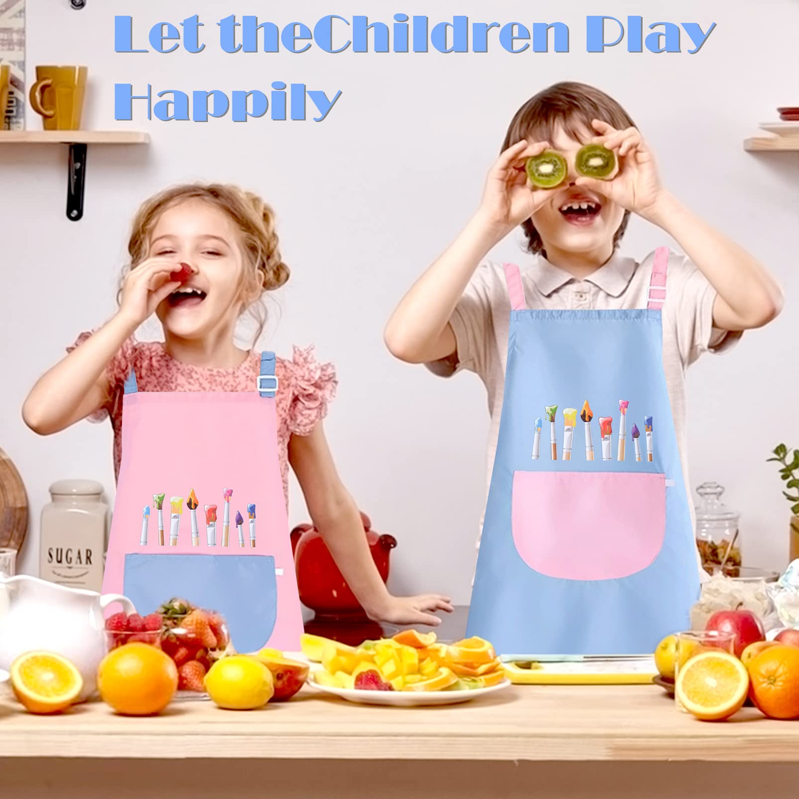 JJYHEHOT 2 Pack Children's Apron, Pink and Blue Cute Kids Apron, Adjustable Waterproof Apron with Big Pocket, Girls Boys Bib Aprons for Painting Crafting Cooking Baking