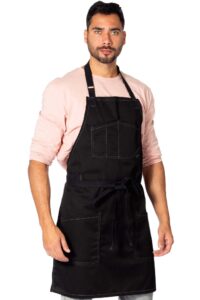 under ny sky chef apron – professional black twill – cotton straps - smart pockets - adjustable for men and women – pro chef, cook, kitchen, baker, barista, bartender, server aprons