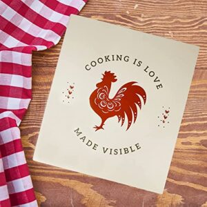 EGGBLU Recipe Binder with 25 Full Page Blank Recipe Sheets, 25 Plastic Page Protectors and 6 Tabbed Dividers, 11.5" x 13", Red Rooster Design