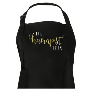 plum hill the hairapist is in hair stylist salon apron with screen print, black with 3 pockets (hairapist)