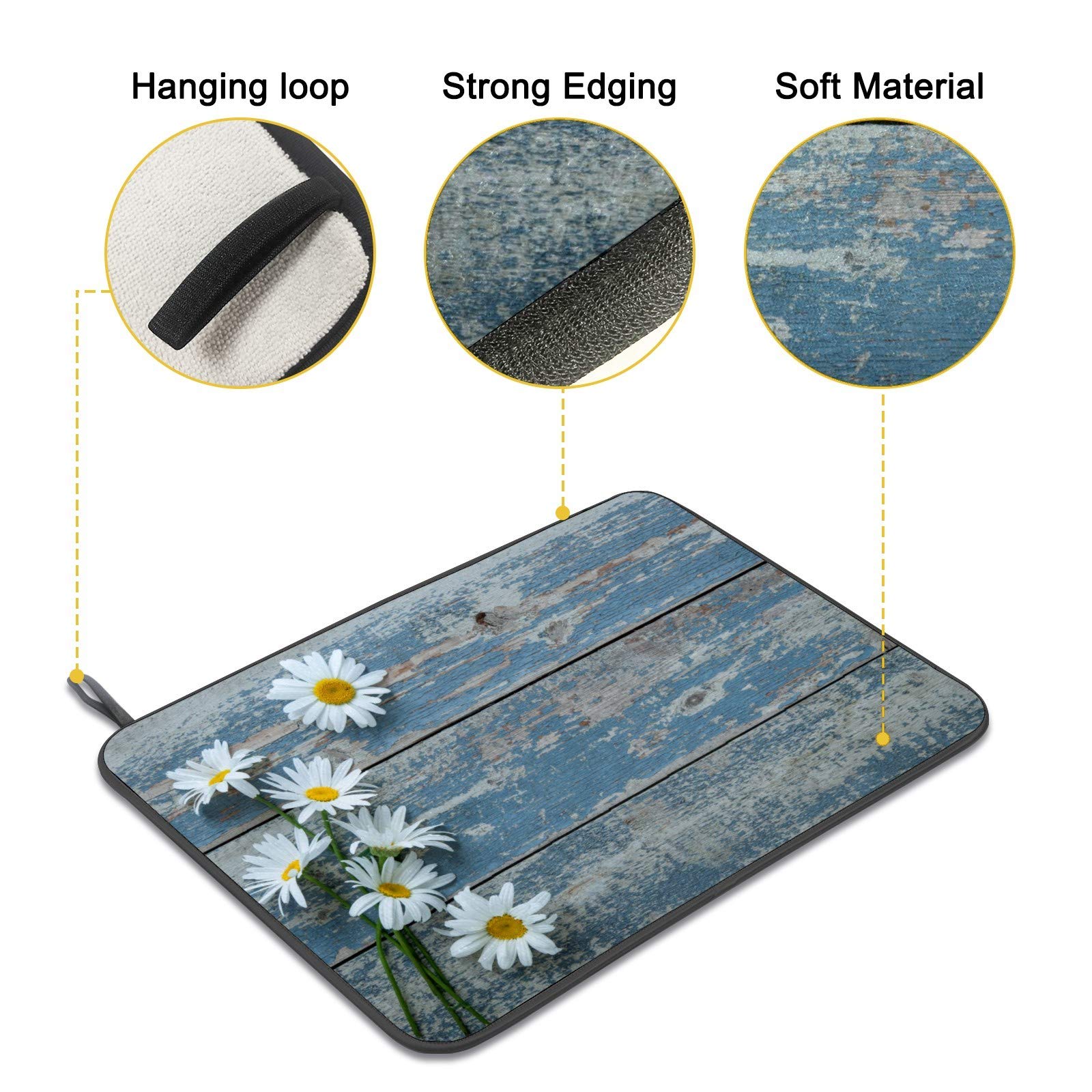 Daisy On Wooden Board Dish Drying Mat - 18" x 24" Microfiber Dish Mat Absorbent Drying Pad Heat-resistant Dish Drainer Mats for Kitchen Countertop