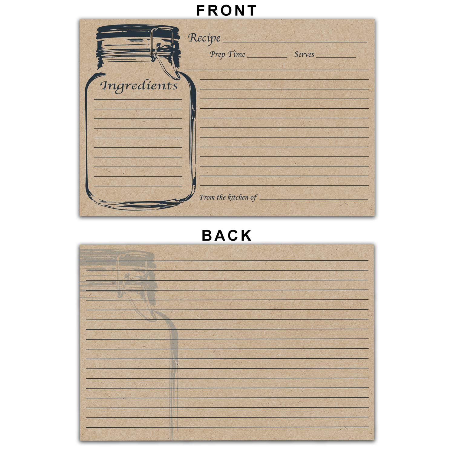 50 Pack 4x6 Double Sided Recipe Cards | Vintage Rustic Retro Mason Jar Design | Large Thick Easy-Write Card Stock | Wedding Bridal Shower Gift (4 x 6 Kraft 50 Pack)