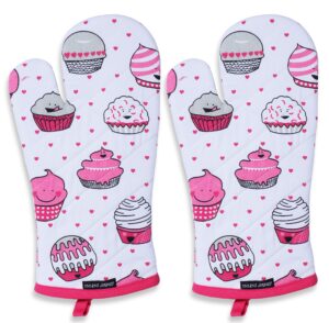 amour infini oven mitts set of 1 - non-slip oven mitts for bbq, cooking, grilling, baking - heat resistant oven gloves quilted liner with hanging loop (valentine cup cake - 7x13 inches)