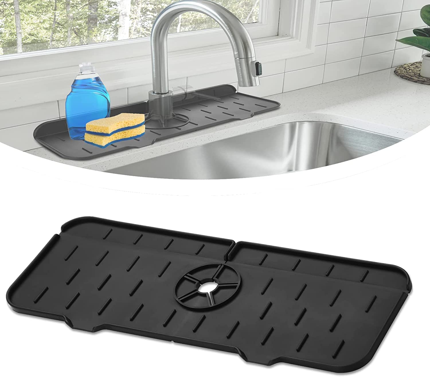 Kitchen Faucet Sink Splash Guard - Water Catcher Mat - Silicone Drying Mat with Built-in Drain Lip - Kitchen Bathroom Sink Drain Mat - Rubber Drying Mat for Countertop Protect