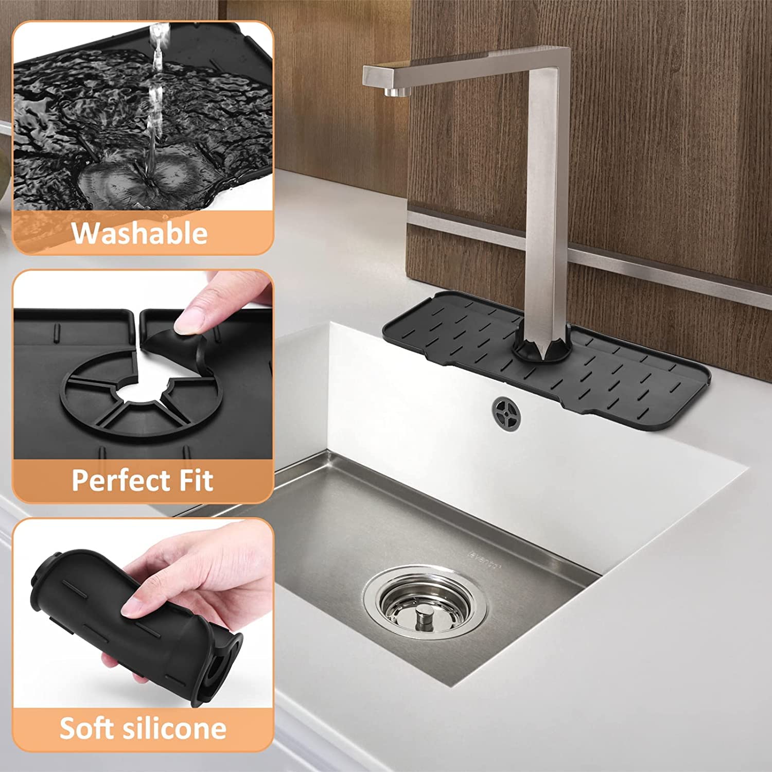 Kitchen Faucet Sink Splash Guard - Water Catcher Mat - Silicone Drying Mat with Built-in Drain Lip - Kitchen Bathroom Sink Drain Mat - Rubber Drying Mat for Countertop Protect