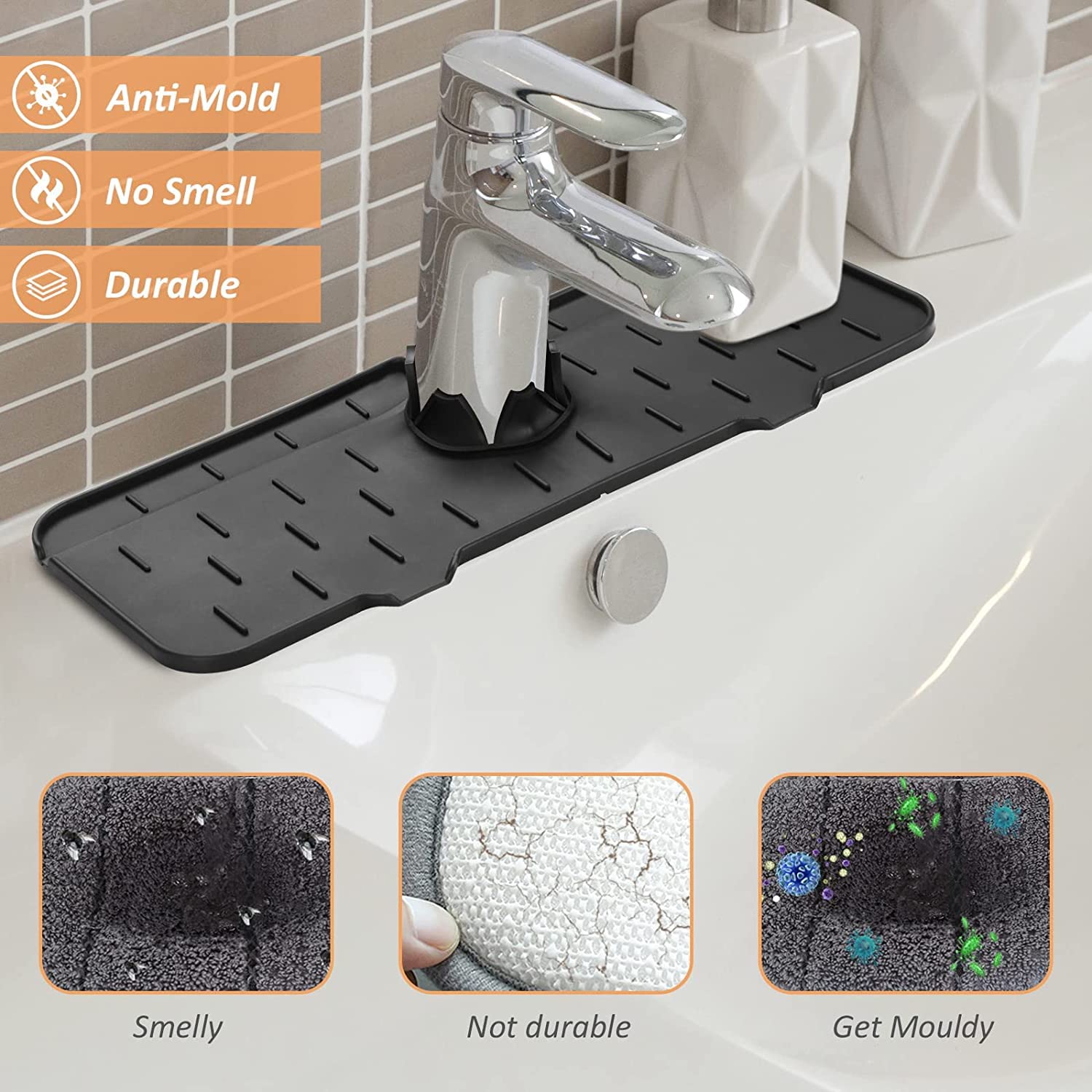 Kitchen Faucet Sink Splash Guard - Water Catcher Mat - Silicone Drying Mat with Built-in Drain Lip - Kitchen Bathroom Sink Drain Mat - Rubber Drying Mat for Countertop Protect