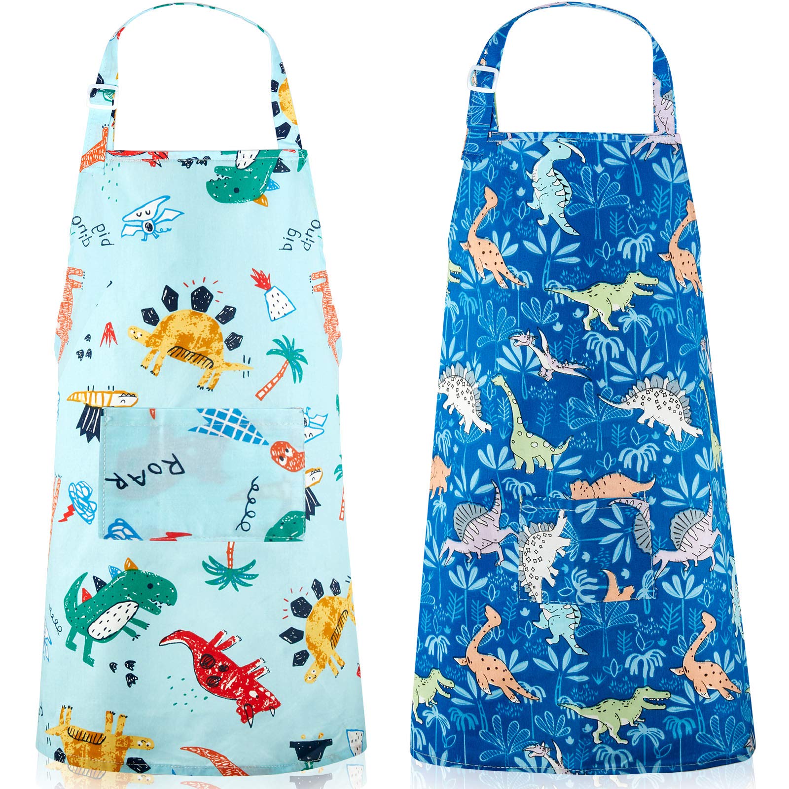 Geyoga 2 PCS Kids Dinosaur Aprons with Pocket Children Kitchen Aprons Boy Cartoon Chef Baker Aprons for Cooking Painting ()