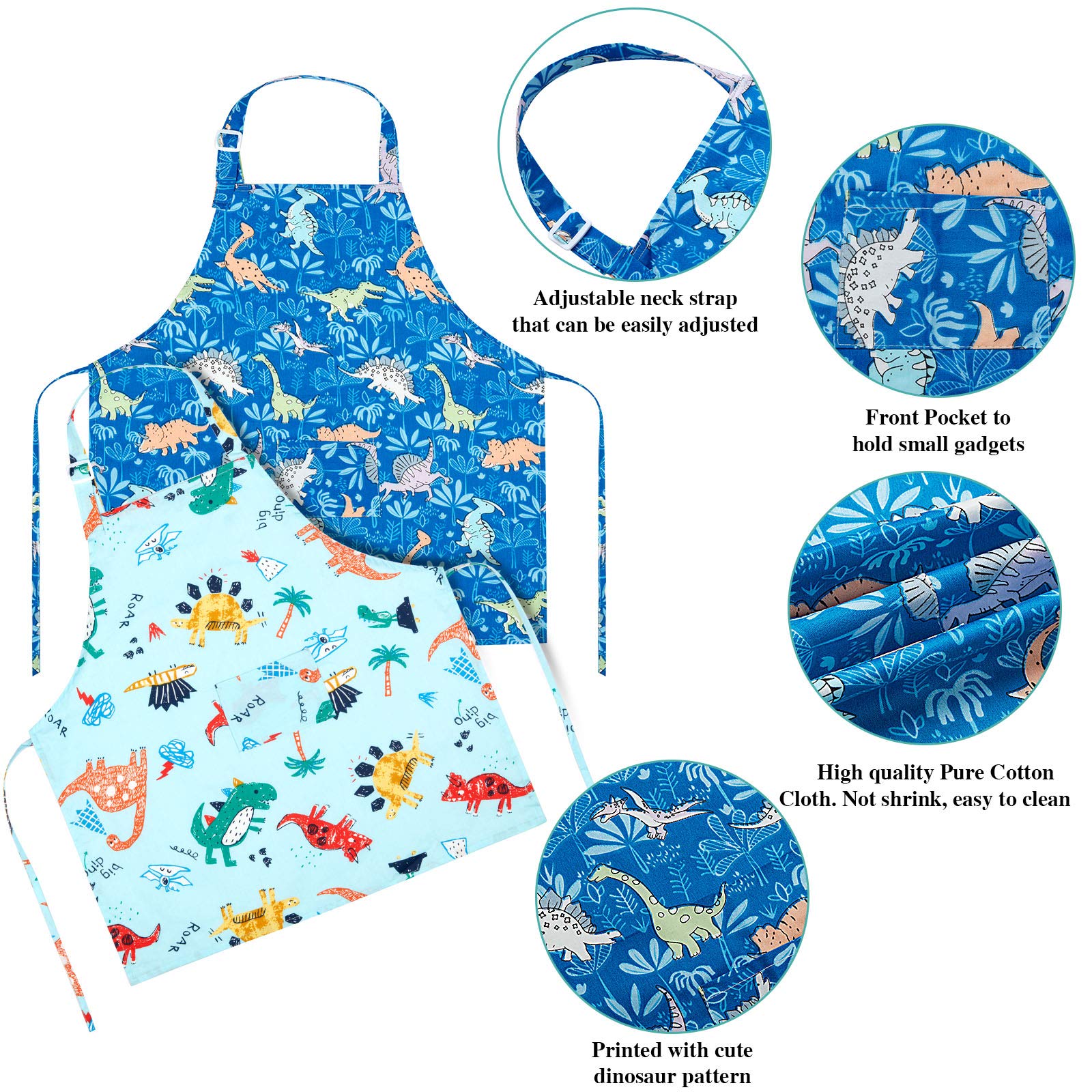 Geyoga 2 PCS Kids Dinosaur Aprons with Pocket Children Kitchen Aprons Boy Cartoon Chef Baker Aprons for Cooking Painting ()