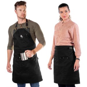 under ny sky barista apron - black leather straps and reinforcement - riveted pockets - double stiched - leather ring loop - professional black twill - double as half bistro apron - chefs, bartender